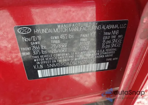 2020 Hyundai Santa Fe Sel/Sel Plus z USA, uszkodzony, nr VIN 5NMS3CAD5LH200881